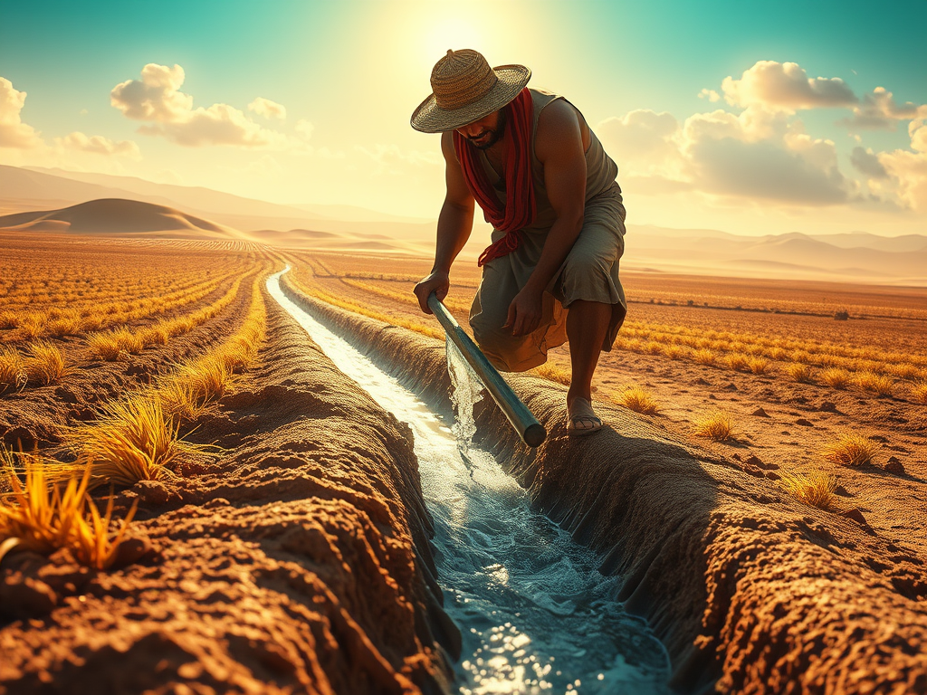 Aktualny obrazek nie ma ustawionego tekstu alternatywnego. Nazwa pliku brzmi: czlowiek-nawadniajacy-pole-zboza-kopie-kanal-na-pustyni-woda-splywa.png